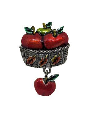Apple Basket Enamel Brooch With Dangling Apple Vintage AJMC Fall Jewelry 1.5”